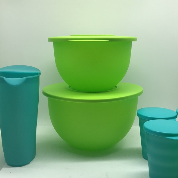 Tupperware Impressions Classic  Bowl  (4) & Jug (4) Tumbler Green & Blue Color - Picture 8 of 16